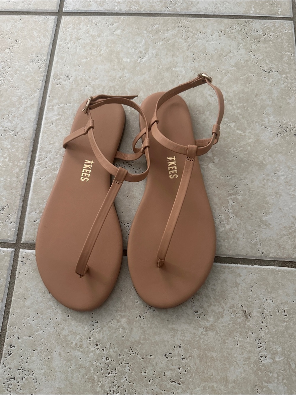 TKEES Women's Camel T-Strap Sandals